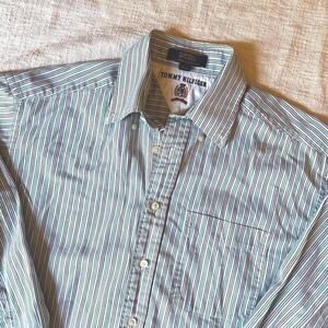 Vintage Y2K‎ Tommy Hilfiger Green/White Striped Men's Button Up